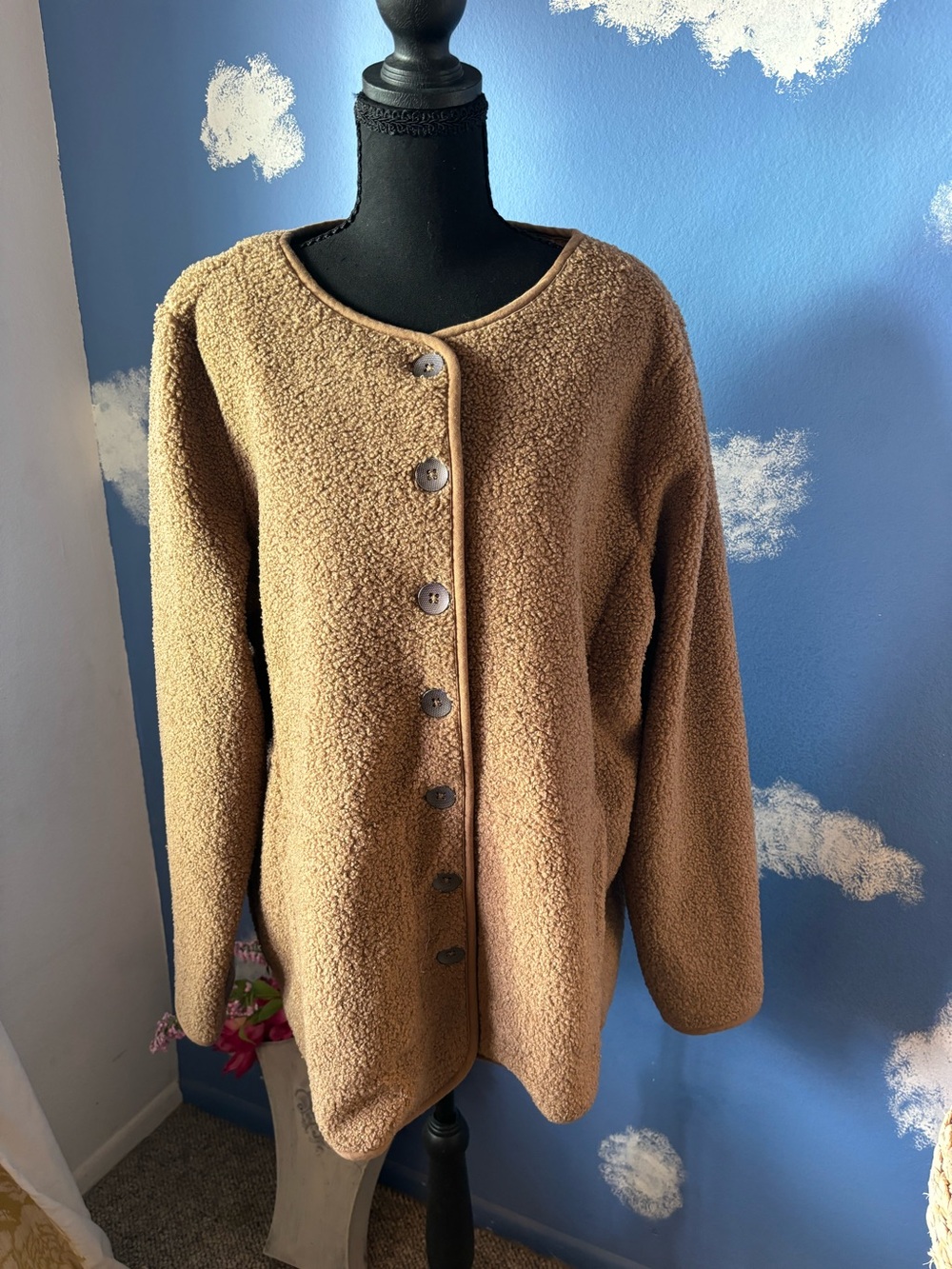 Susan Graver Weekend Teddy Fleece Button Front Jacket, Camel, Size 1X, Like New